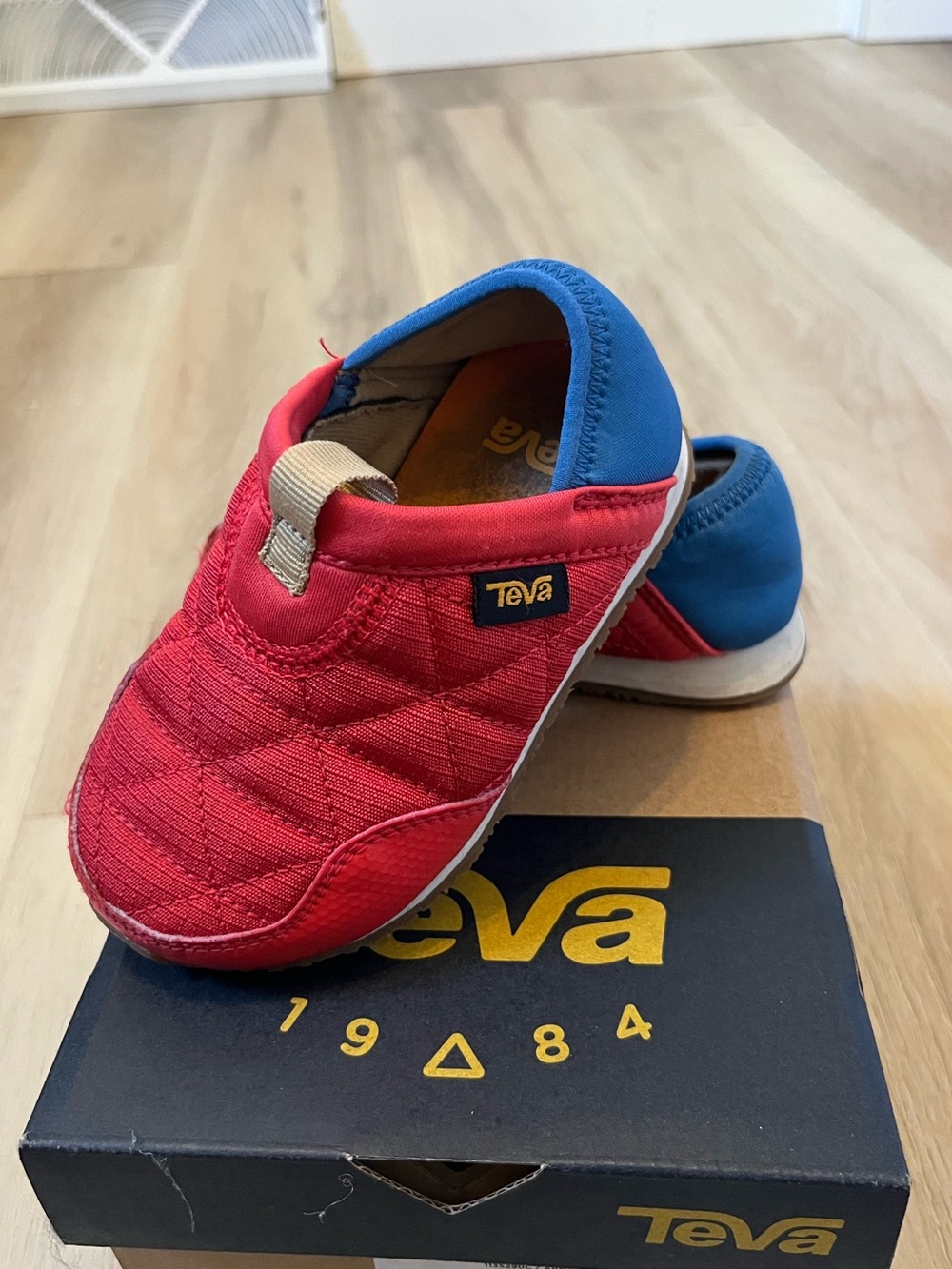 Teva Kids Quilted Slip-On in Red with Blue Heel